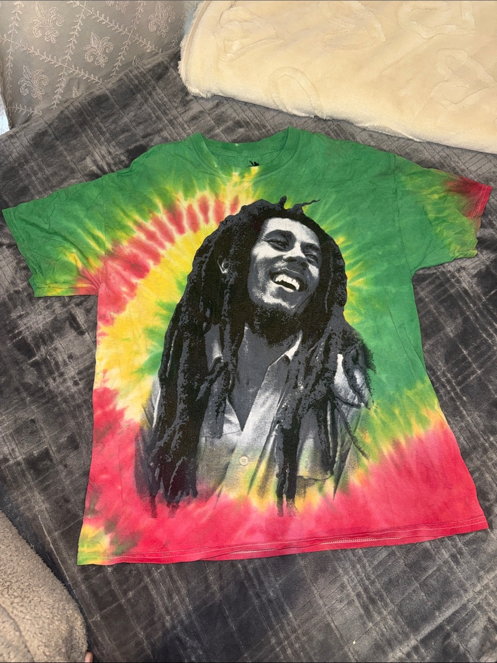 Vintage Zion Rootswear Tie-Dye Bob Marley Short Sleeve Tee — Green, Yellow & Red